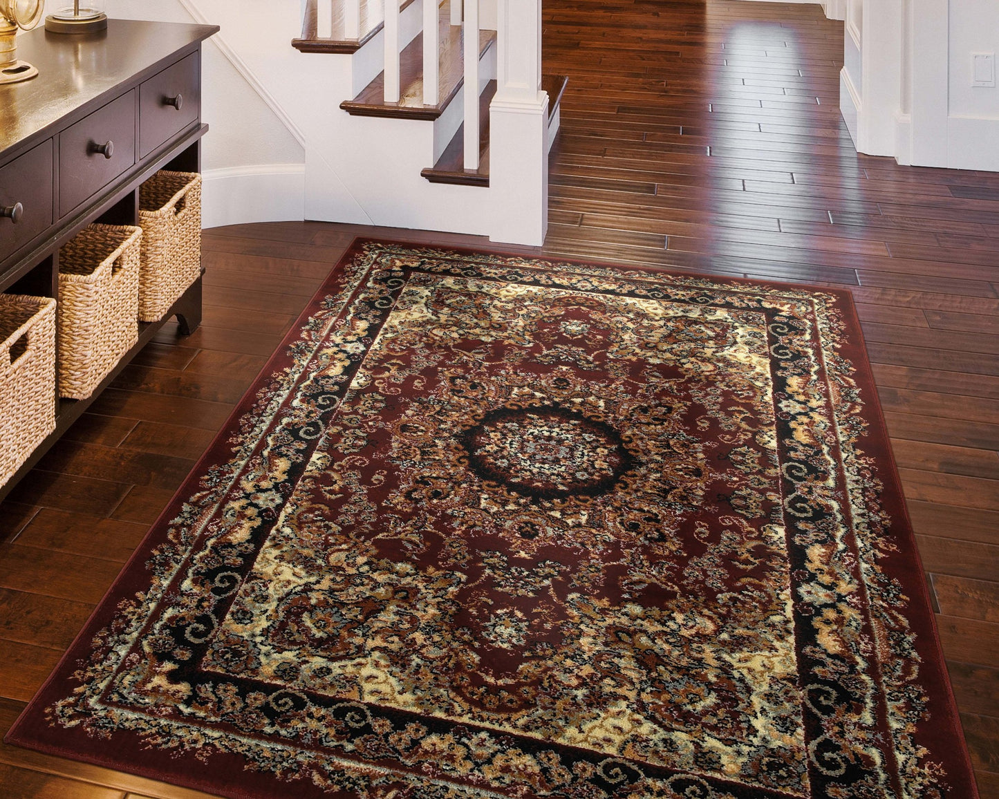 8' X 10' Red and Black Floral Medallion Area Rug