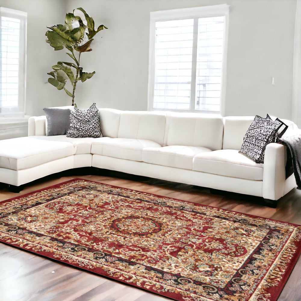 8' X 10' Red and Black Floral Medallion Area Rug