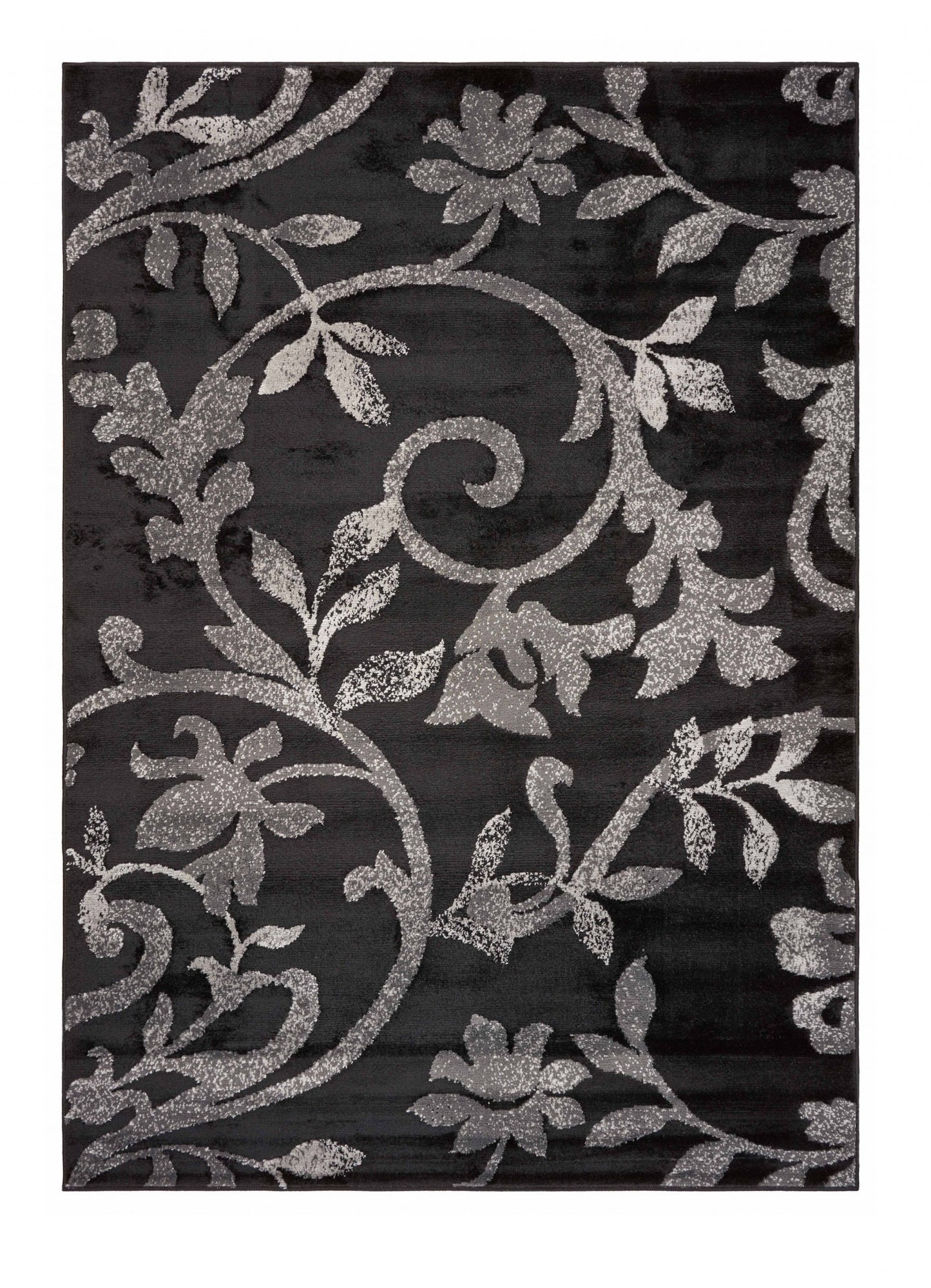 5' x 7' Black Gray and White Floral Vines Area Rug