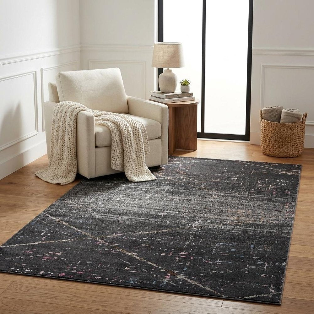 5' X 8' Distressed Black Abstract Area Rug