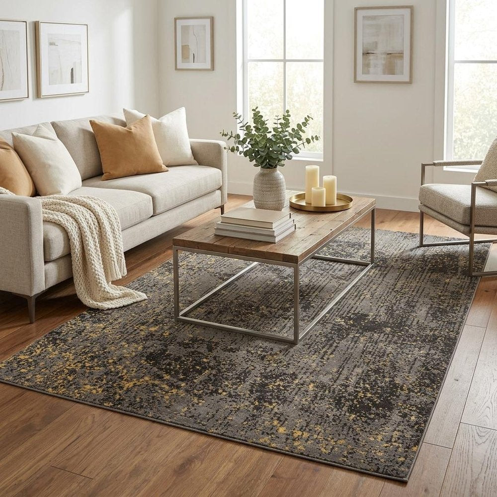 5' X 8' Gray and Yellow Abstract Sprinkle Area Rug