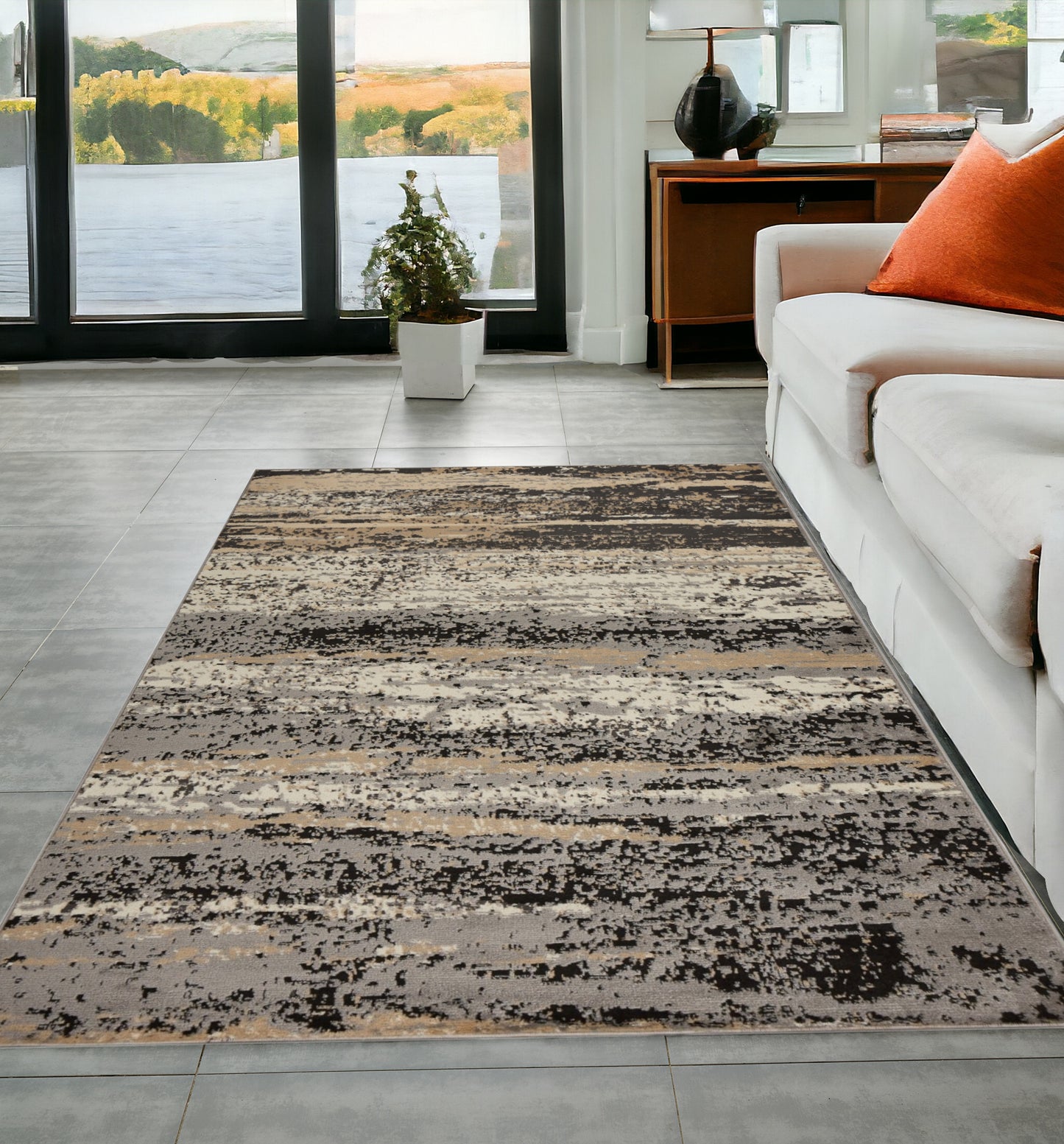 5' X 7' Beige and Black Abstract Desert Area Rug