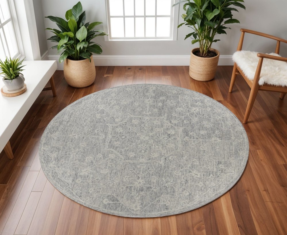 8’ Round Gray Floral Finesse Area Rug