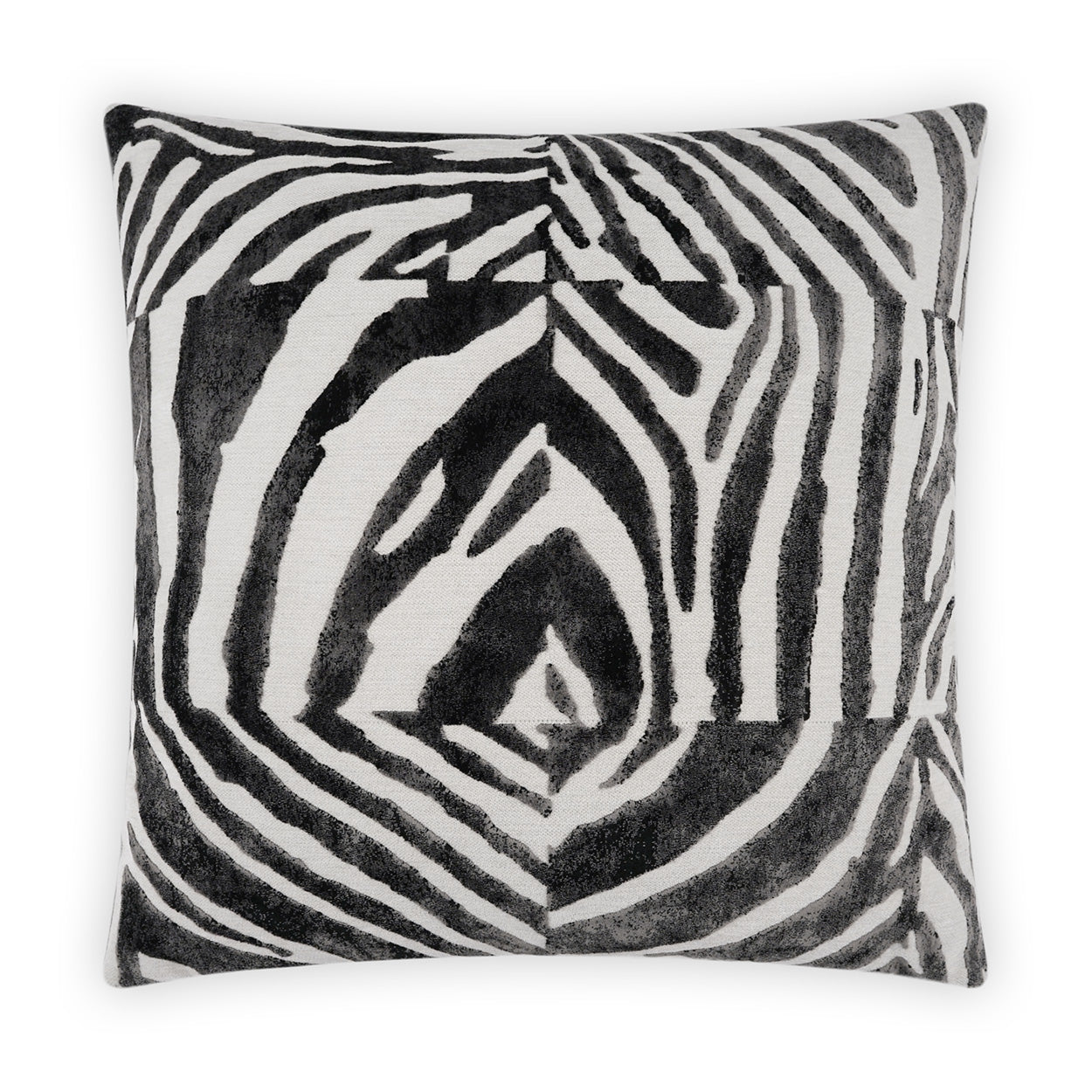 Square zebra stripe cushion in black and white, plush fabric, decorative throw pillow.