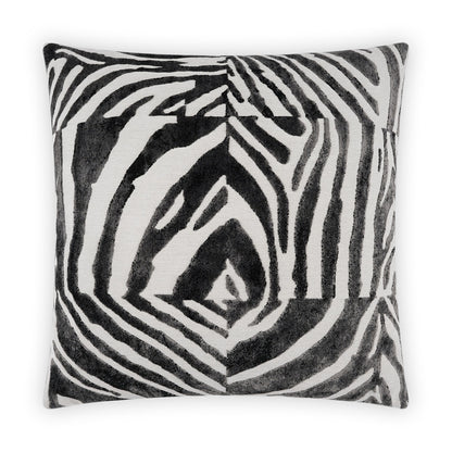 Square zebra stripe cushion in black and white, plush fabric, decorative throw pillow.