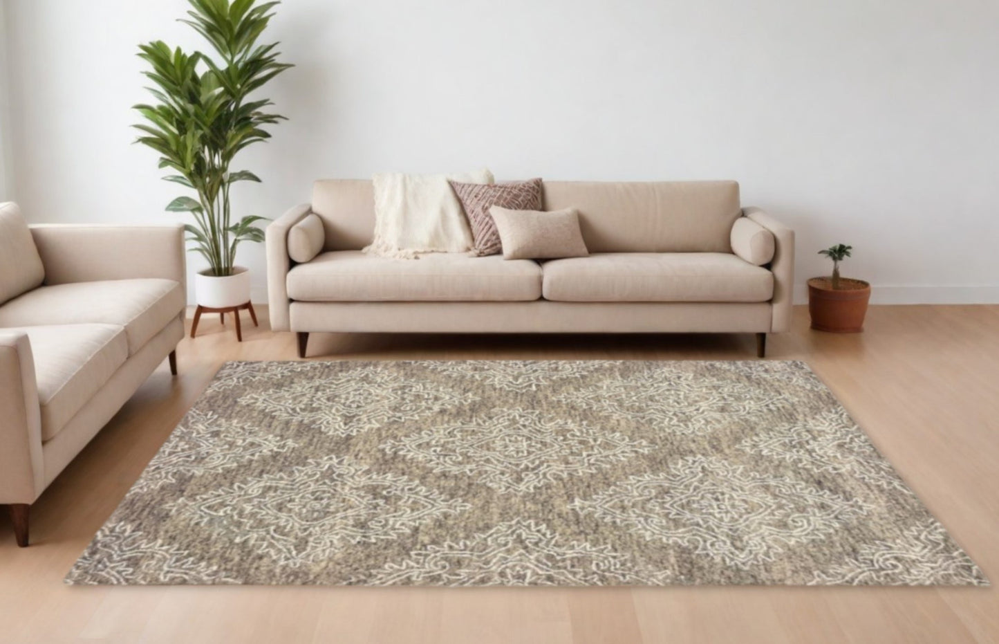 9' X 12' Khaki and White Damask Area Rug