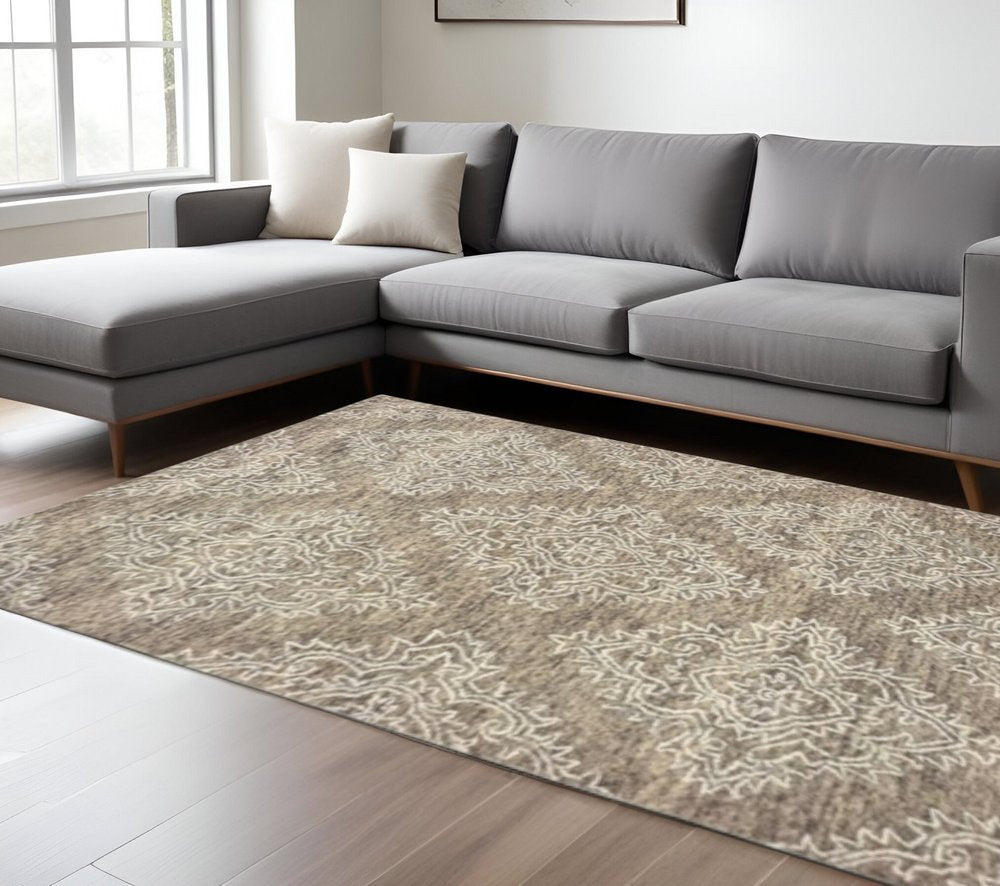 9' X 12' Khaki and White Damask Area Rug