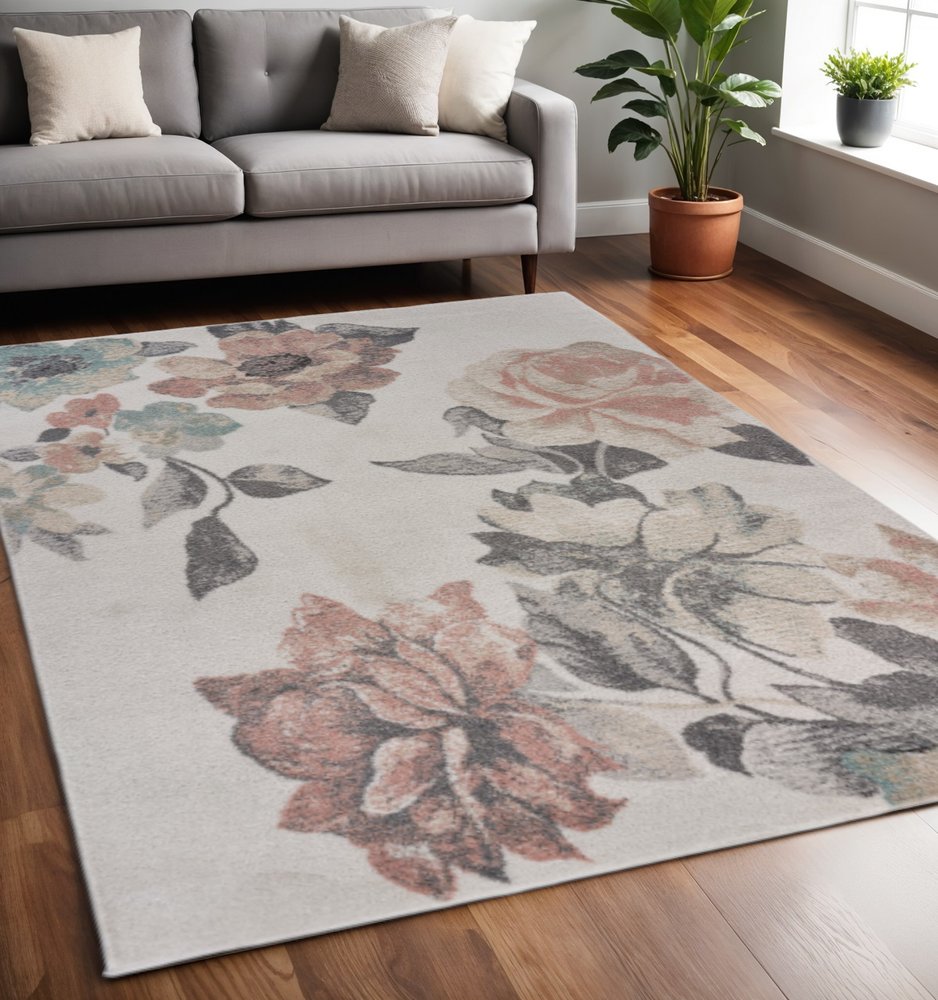 5' X 7' Ivory Blooming Rose Area Rug