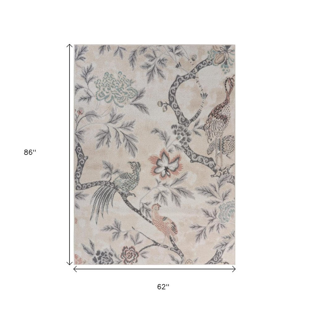 5' X 7' Soft Beige Birds and Trees Area Rug