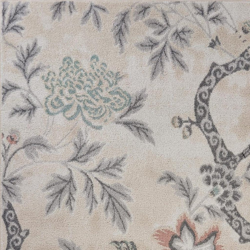 5' X 7' Soft Beige Birds and Trees Area Rug