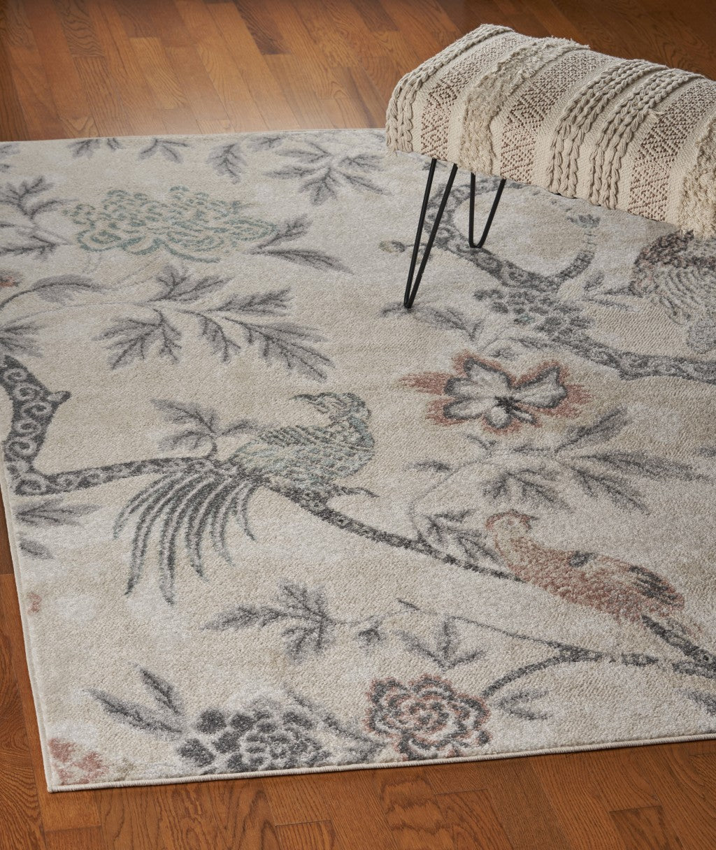 8' X 10' Soft Beige Birds and Trees Area Rug