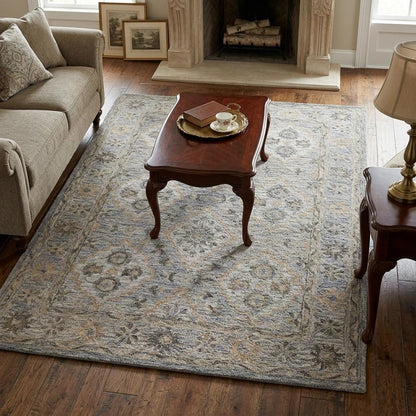 5' X 8' Blue and Tan Traditional Area Rug