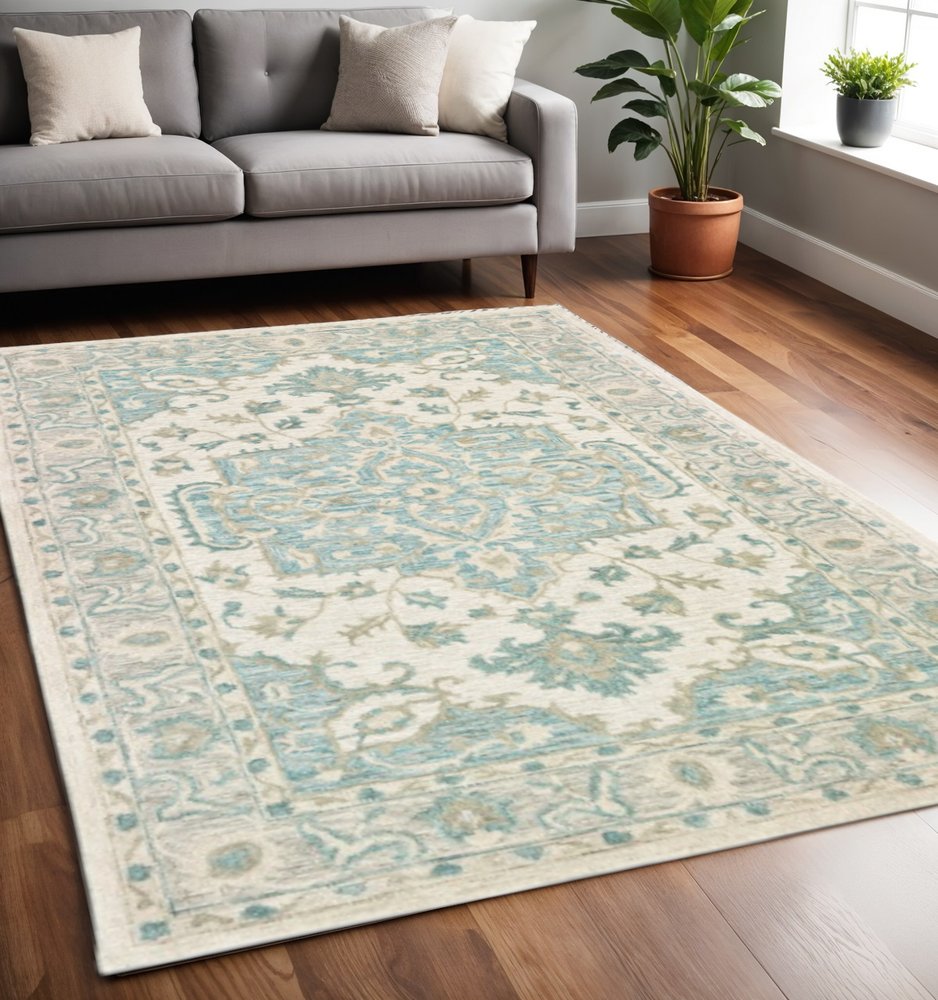 5' X 8' Turquoise and Cream Medallion Area Rug