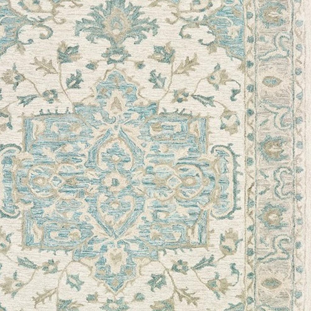 9' X 12' Turquoise and Cream Medallion Area Rug