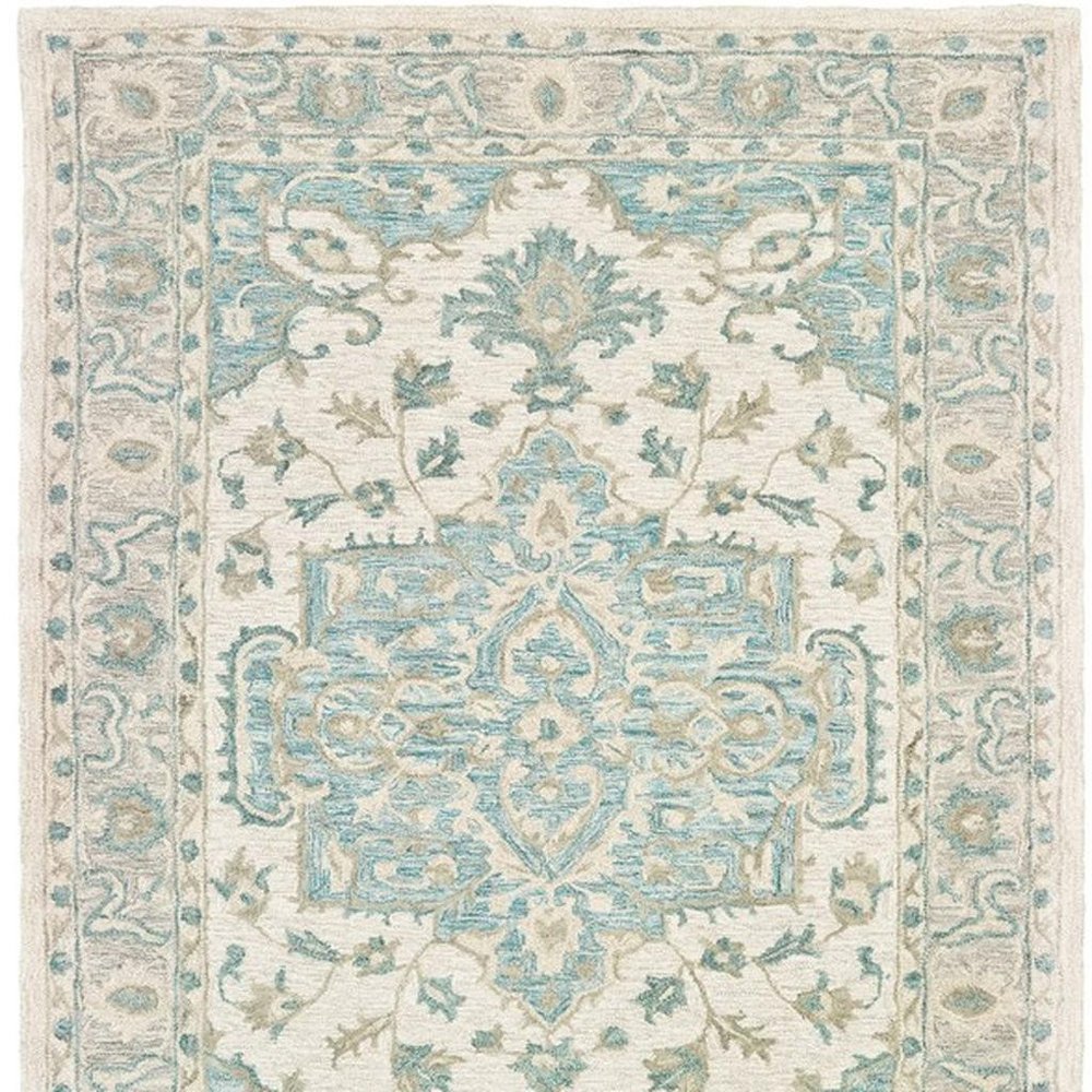 9' X 12' Turquoise and Cream Medallion Area Rug