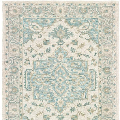 9' X 12' Turquoise and Cream Medallion Area Rug