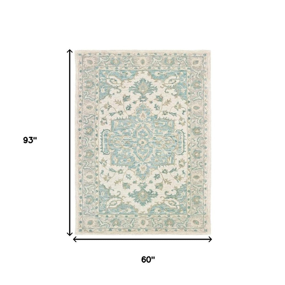 5' X 8' Turquoise and Cream Medallion Area Rug