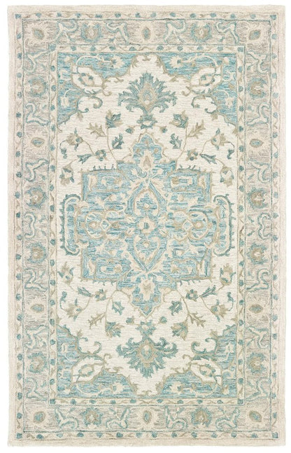 9' X 12' Turquoise and Cream Medallion Area Rug