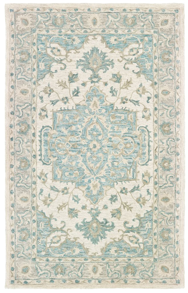 5' X 8' Turquoise and Cream Medallion Area Rug