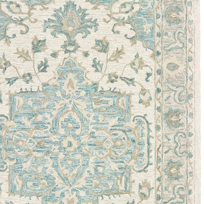 9' X 12' Turquoise and Cream Medallion Area Rug