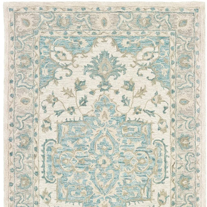 9' X 12' Turquoise and Cream Medallion Area Rug