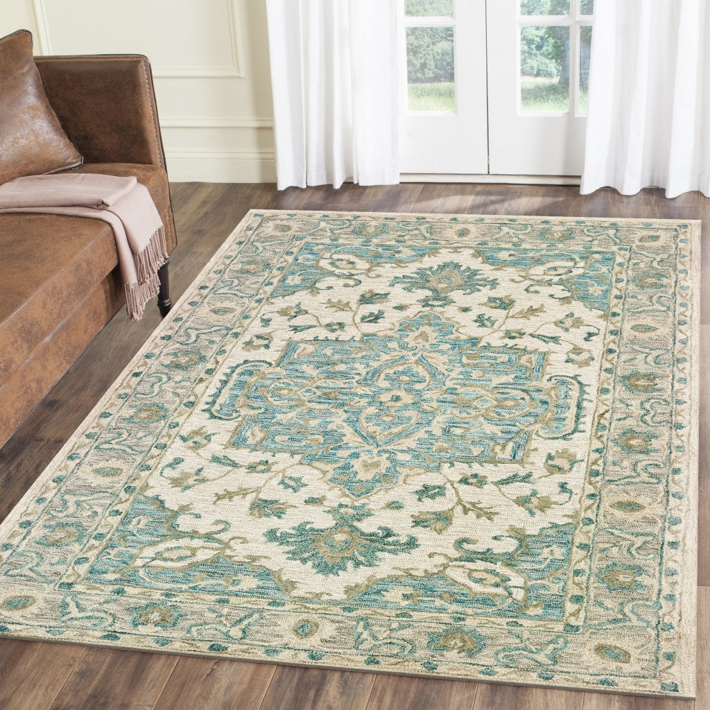 9' X 12' Turquoise and Cream Medallion Area Rug