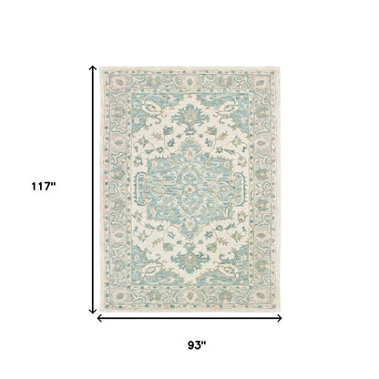 9' X 12' Turquoise and Cream Medallion Area Rug