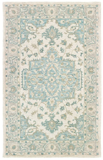 5' X 8' Turquoise and Cream Medallion Area Rug