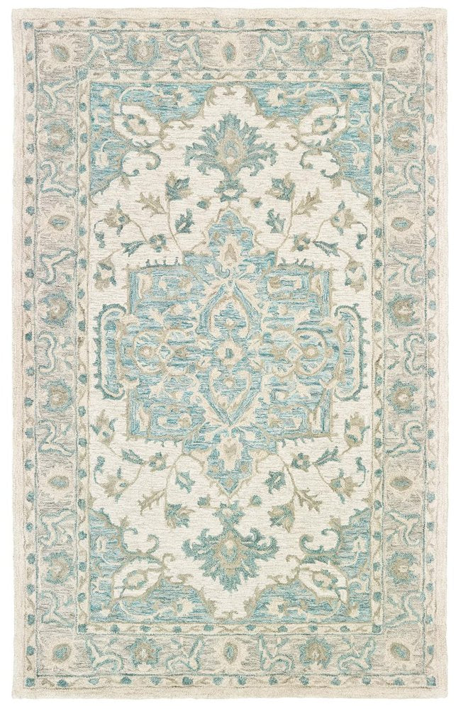 9' X 12' Turquoise and Cream Medallion Area Rug