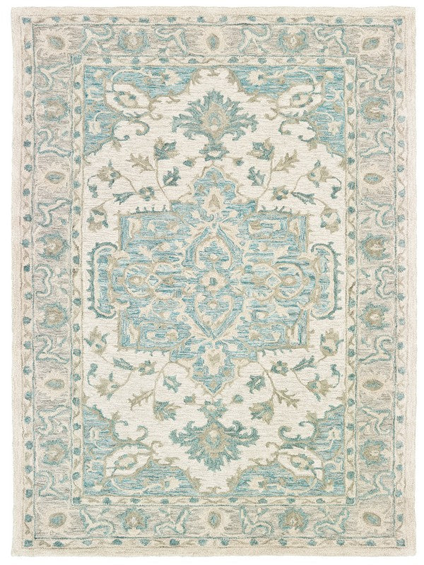 9' X 12' Turquoise and Cream Medallion Area Rug