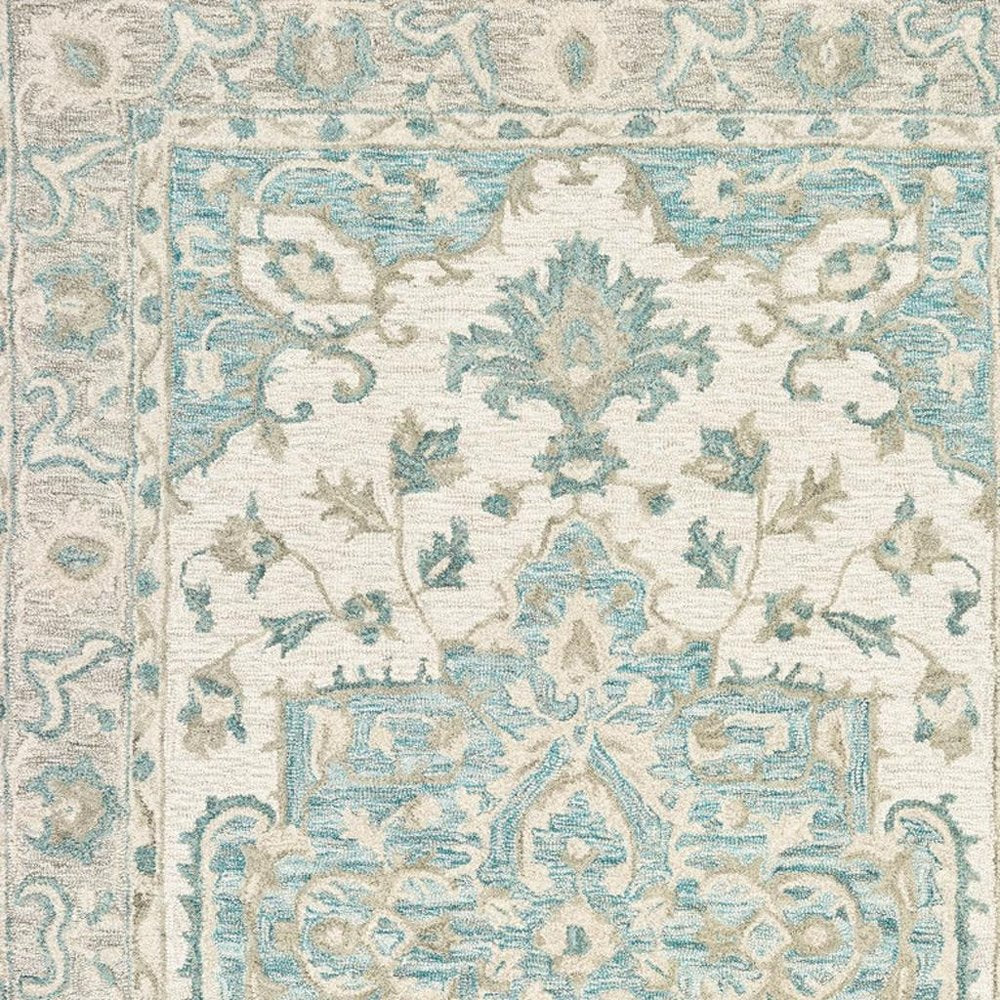 9' X 12' Turquoise and Cream Medallion Area Rug