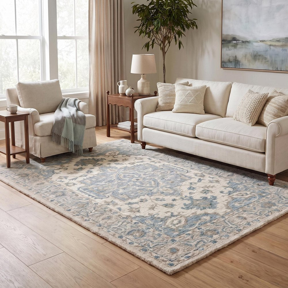 5' X 8' Turquoise and Cream Medallion Area Rug