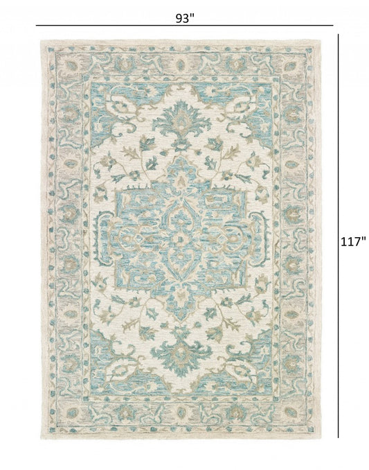 9' X 12' Turquoise and Cream Medallion Area Rug