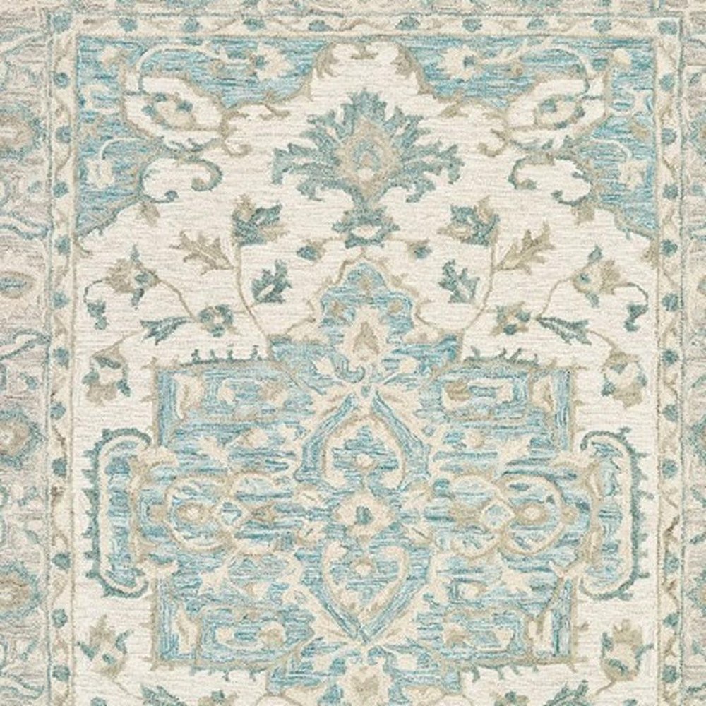 9' X 12' Turquoise and Cream Medallion Area Rug