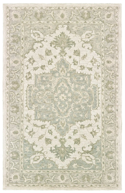5' X 8' Green and Cream Medallion Area Rug