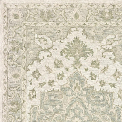 5' X 8' Green and Cream Medallion Area Rug