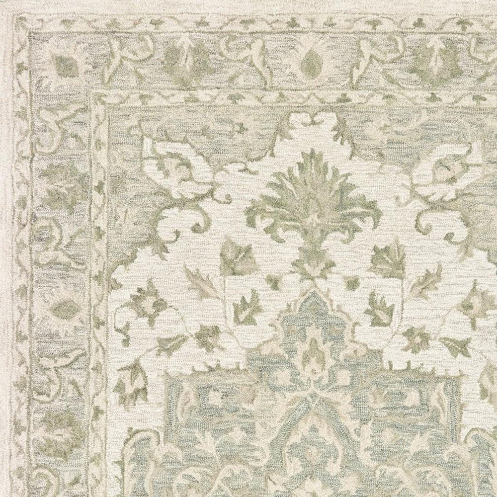 5' X 8' Green and Cream Medallion Area Rug
