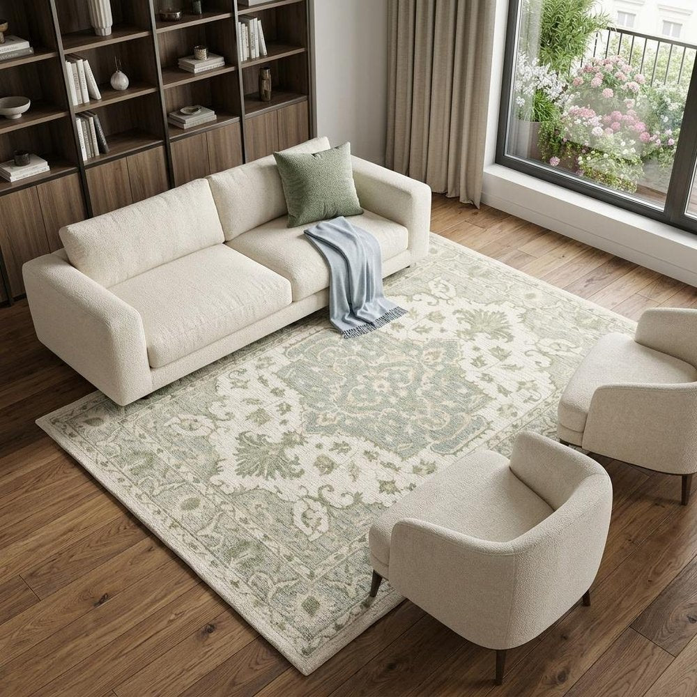 8' X 10' Green and Cream Medallion Area Rug
