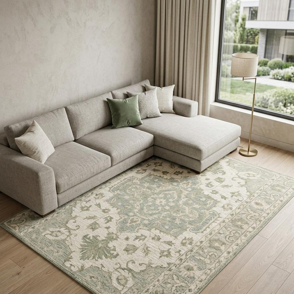 5' X 8' Green and Cream Medallion Area Rug