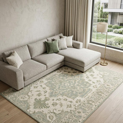5' X 8' Green and Cream Medallion Area Rug