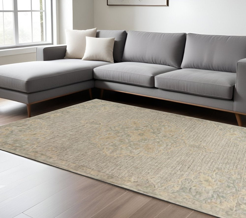 9' X 12' Beige Distressed Floral Area Rug