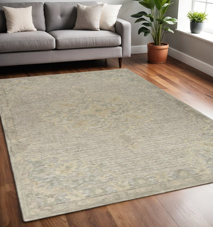 5' X 8' Blue Wool Floral Medallion Hand Tufted Area Rug