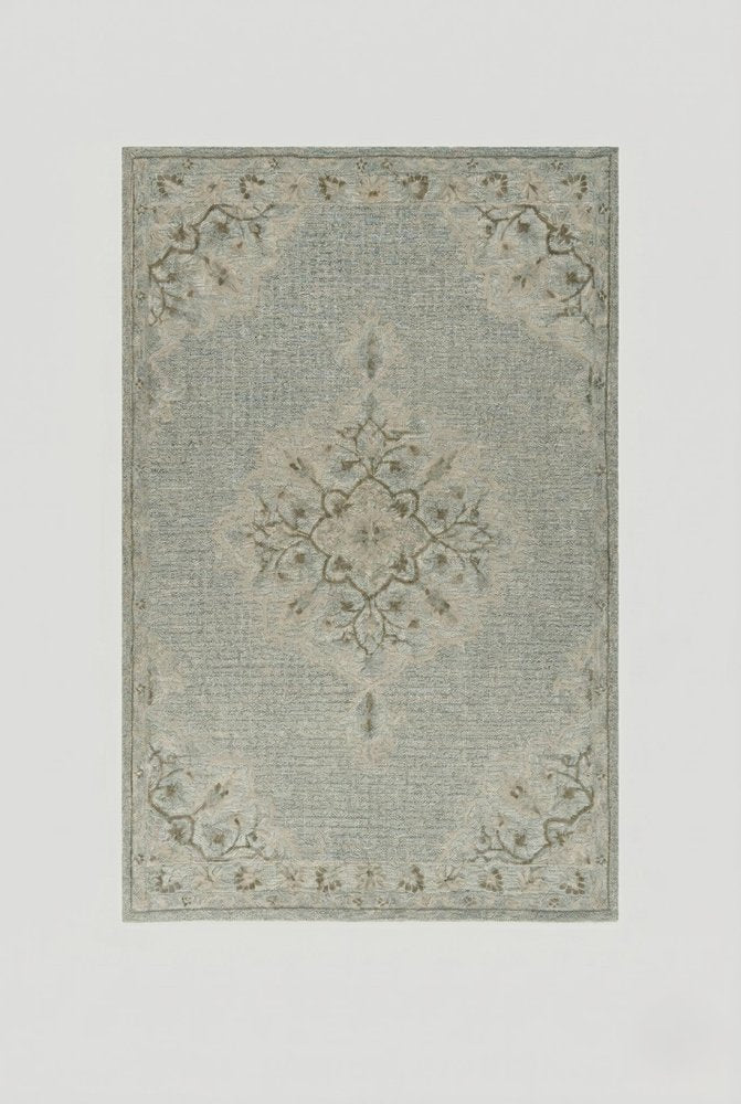 5' X 8' Blue Wool Floral Medallion Hand Tufted Area Rug