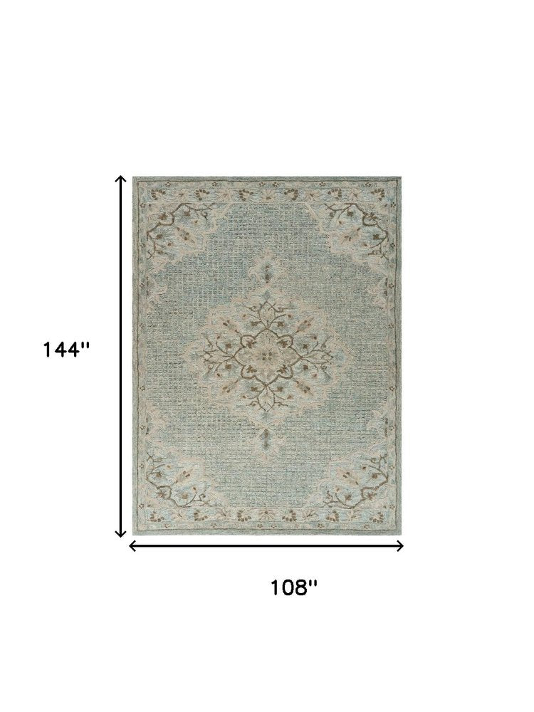 9' X 12' Blue Wool Floral Medallion Hand Tufted Area Rug