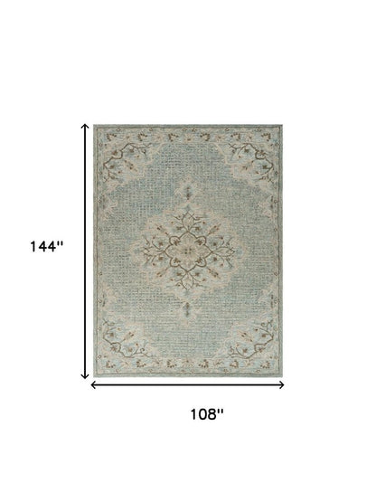 9' X 12' Blue Wool Floral Medallion Hand Tufted Area Rug