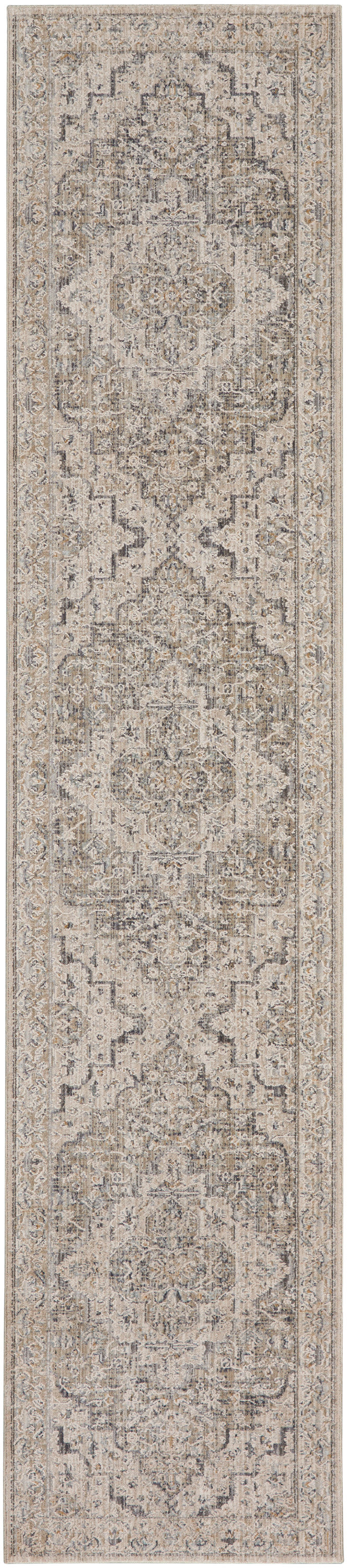 Long beige Persian-style runner rug with intricate ivory, gray and taupe medallions and ornate border.