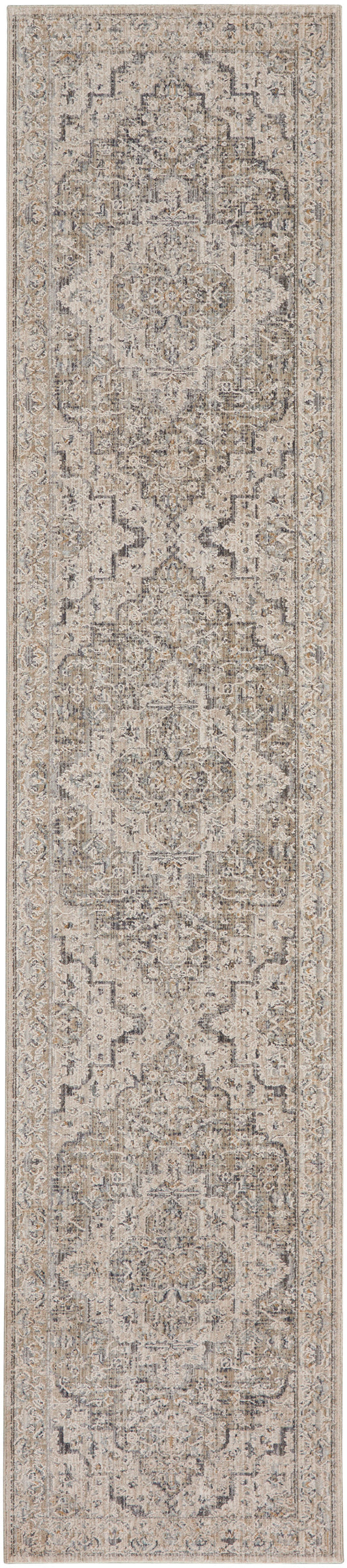 Long beige Persian-style runner rug with intricate ivory, gray and taupe medallions and ornate border.