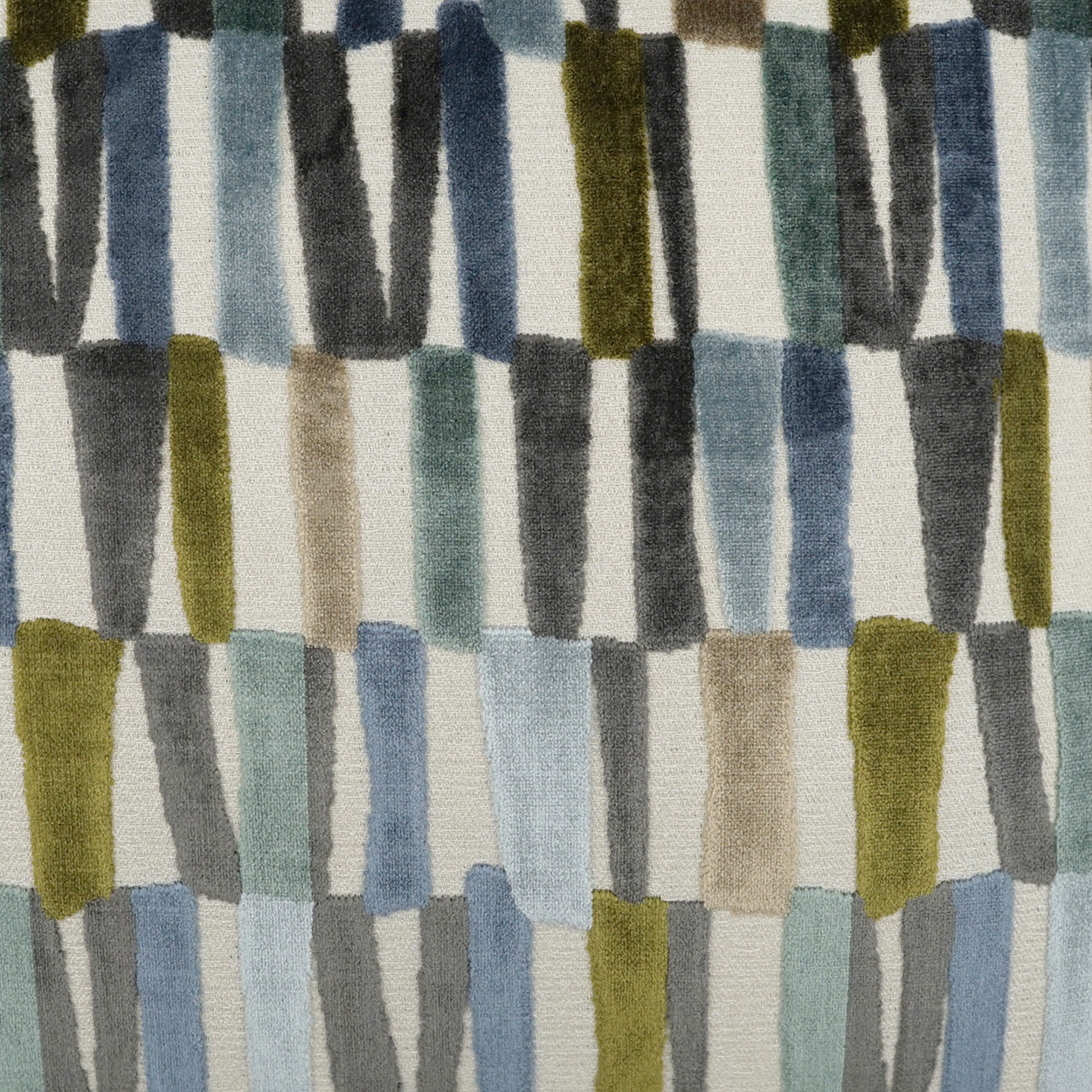 24" x 24" pillow with an abstract multicolor geometric pattern of vertical brushstroke blocks in blues, grays, greens and beiges.