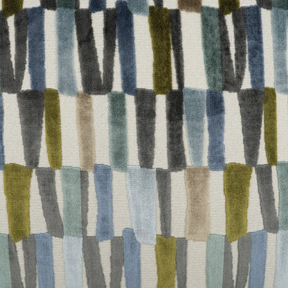 24" x 24" pillow with an abstract multicolor geometric pattern of vertical brushstroke blocks in blues, grays, greens and beiges.