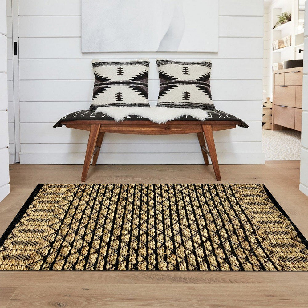 3' X 4' Tan and Black Hand Woven Area Rug